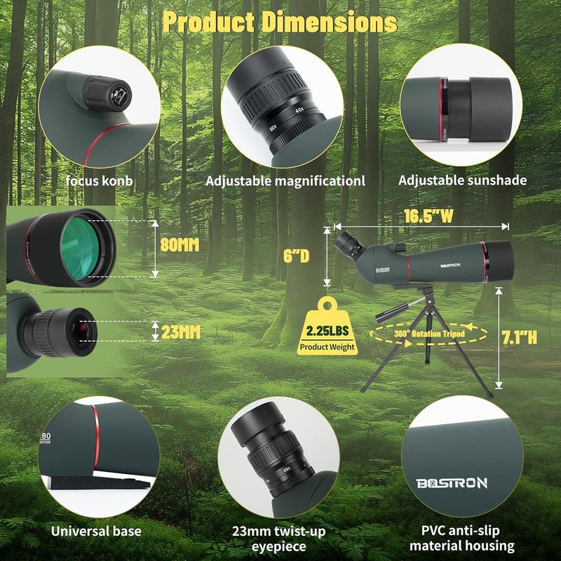 BOSTRON Spotting Scope, 20-60x80 Spotting Scopes for Target Shooting with Tripod BAK4 Prism & FMC Lens, 23mm Eyepiece Waterproof Spotter Scope for Birding Moon Viewing,Phone Adapter Carrying Bag,Green - Image 5